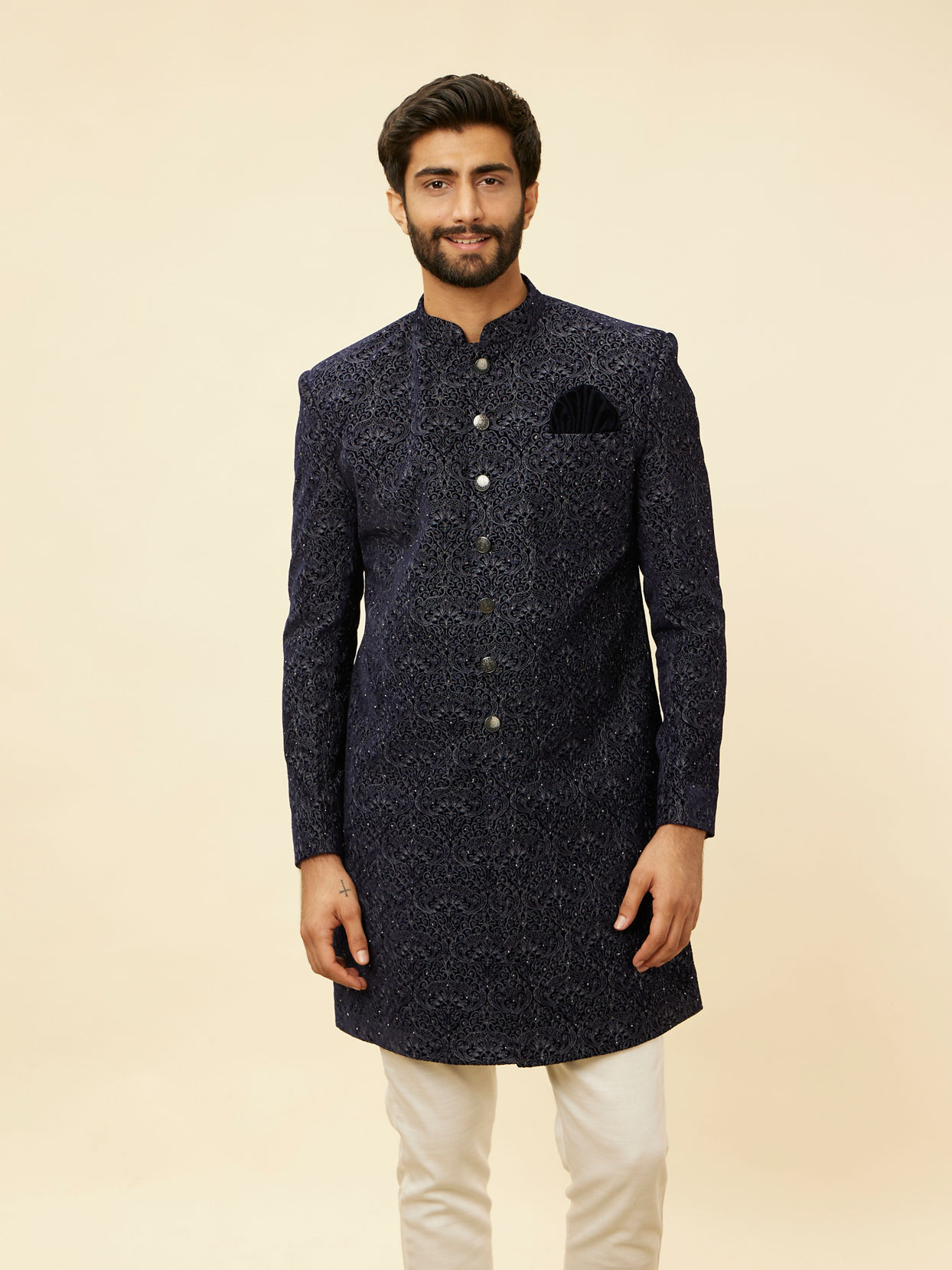 alt message - Manyavar Men Deep Blue and Grey Imperial Patterned Indo Western Set image number 0